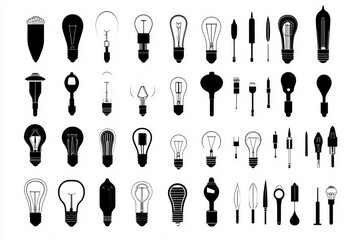 A Diverse Collection of Vintage and Modern Light Bulb Designs. Explore the Evolution of Illumination Technology through Intriguing Silhouette Illustrations.