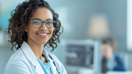 Fototapeta premium smiling female doctor wearing glasses and white coat is seen in modern medical office, exuding confidence and professionalism. computer screen is visible in background
