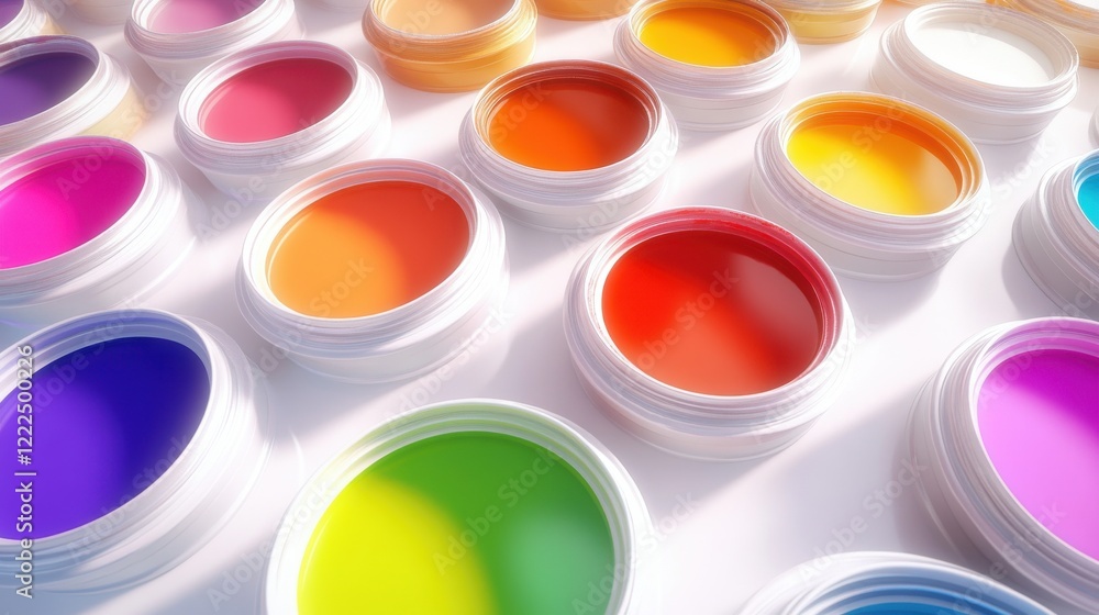 Poster colorful array of paint containers arranged in a vibrant display, showcasing various hues and shades