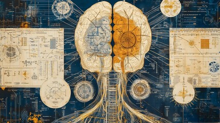 Naklejka premium Detailed study illustrates the harmony of cognitive processes alongside balanced psychological metrics depicted through interconnected charts that reveal the synchrony of mind and emotion
