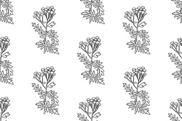 Line art floral pattern seamless abstract background. Black and white outline repeating botanical wildflowers vector illustration. Graphic design for Print Wallpaper Cover Fabric Wrapping Wedding Card