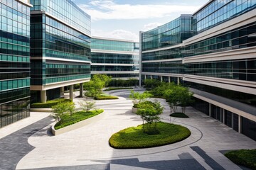 A corporate campus with interconnected buildings, open courtyards, and clean, angular lines