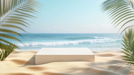 Minimalist White Platform on Sandy Beach with Palm Leaves and Ocean Backdrop, Product Display Background.