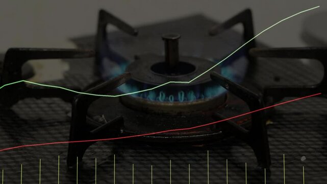 ガスコンロと棒グラフ、ガス料金高騰、エネルギー価格、ガス供給の安定