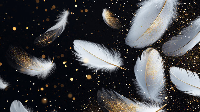 White feathers with gold glitter on edges, boho style birds plumage or hackles with golden sparks, trendy design elements isolated on black background, Realistic 3d vector illustration, icons set