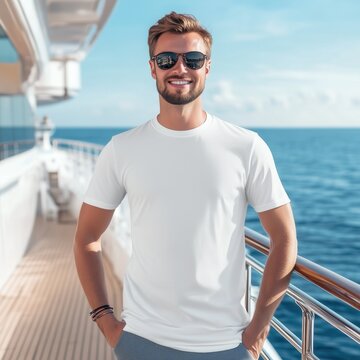 Summer cruise, vacation t-shirt designs mockup. Handsome man wearing white basic tshirt standing on yacht deck, sunny day. Men's blank short sleeve t-shirt template, sea journey outdoors	