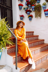 Happy woman on vacation in the street’s town on the costa. Europe travel. Lifestyle, vacation,...