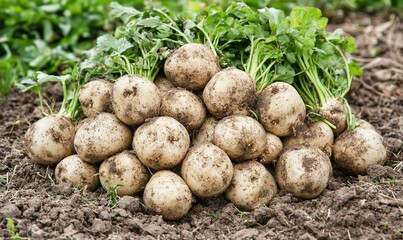 Freshly harvested turnips piled on soil in a farm field