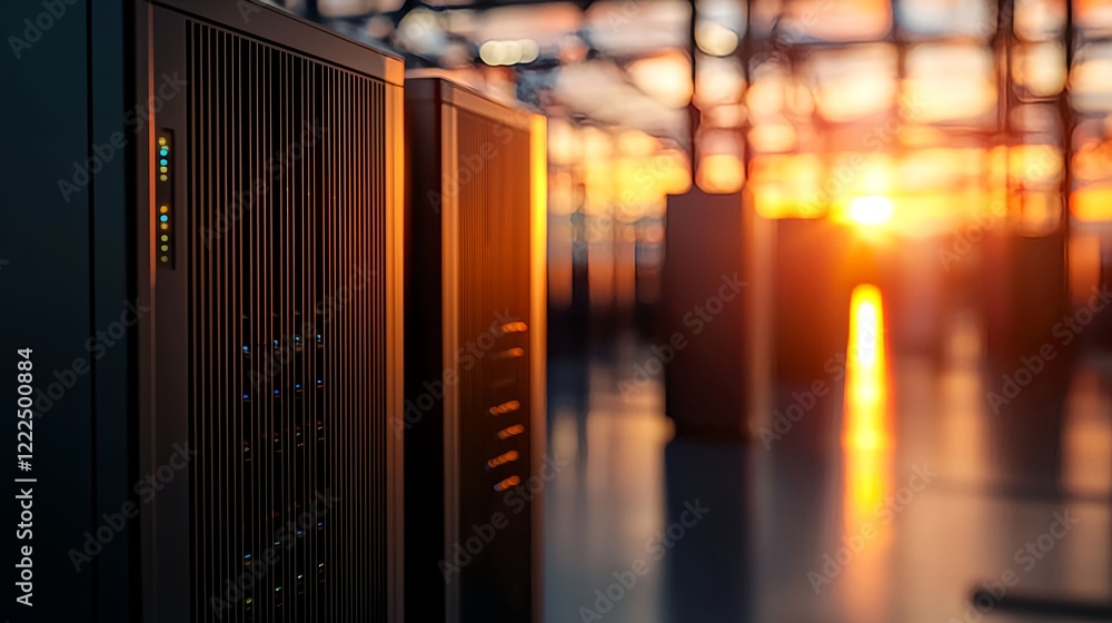 Poster server rack in data center with sunset glow and soft lighting