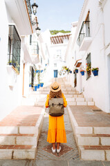 Happy woman on vacation in the street’s town on the costa. Europe travel. Lifestyle, vacation,...