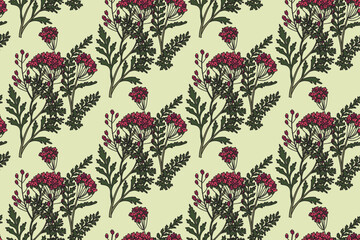 Botanical abstract seamless plant pattern with wildflowers vector illustration. Repeating retro floral print in green pastel colors background. Graphic design for Wallpaper Textile Print Cover Card