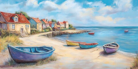 Obraz premium Serene Coastal Village View with Colorful Boats and Charming Houses Under a Bright Blue Sky