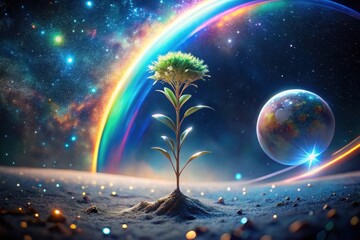 A New Beginning Sapling Emerging on an Extraterrestrial Plane Amidst a Cosmic Rainbow and Celestial Wonders