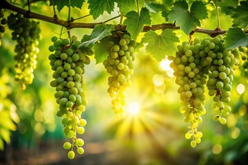 Fototapeta premium Sunlit Green Grapes Hanging on Vine, Lush Foliage, Summer Harvest