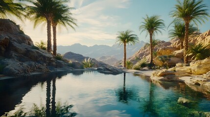 Tranquil Oasis Surrounded by Desert Mountains and Lush Palm Trees with a Crystal Clear Pool of Water