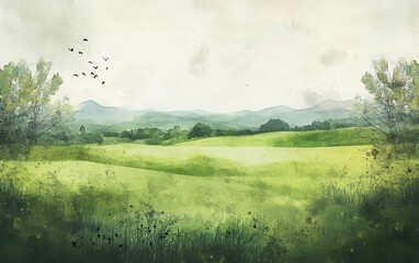 Obraz premium Tranquil Green Watercolor Landscape with Birds in Flight.