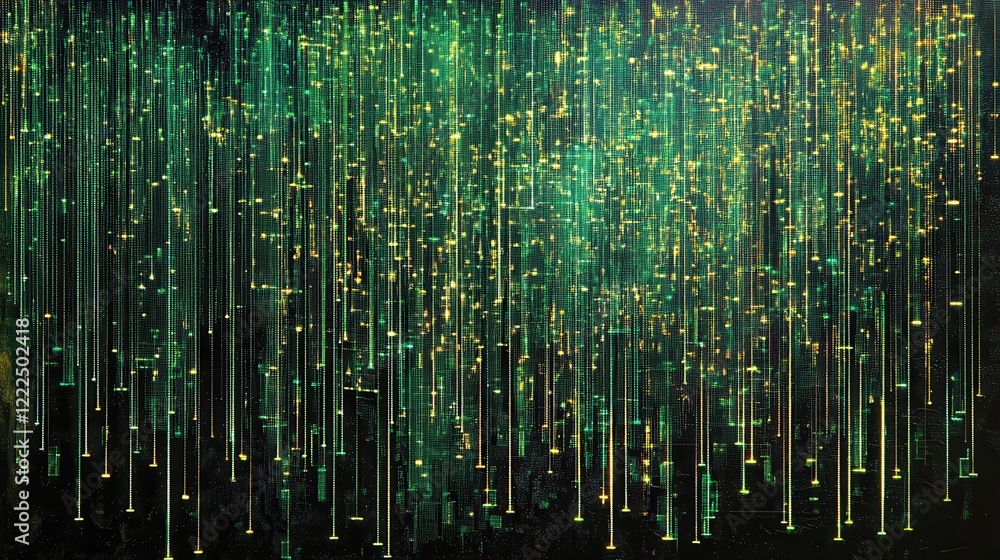 Aufkleber abstract digital rain matrix background with green and gold glowing data streams.