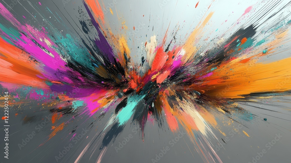Poster dynamic burst of abstract paint splatters on a gray background.