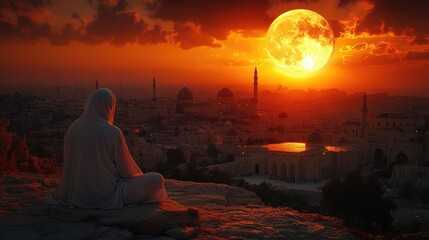 Person in White Robes Contemplates Fiery Sunset and Large Red Moon Over Cityscape
