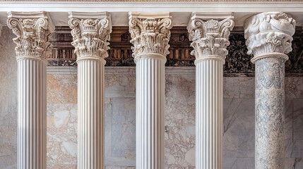 Obraz premium Ancient roman columns, marble architecture decor. Vector realistic antique greek white pillars with capitals in doric, corinthian, ionic and tuscan style isolated on transparent background