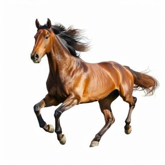 Naklejka premium Powerful bay horse with flowing mane galloping freely on a white background, showcasing its grace and strength