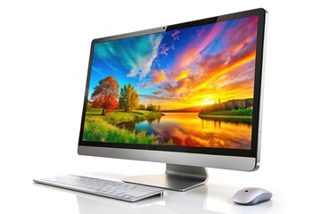 Futuristic touchscreen PC, panoramic display, modern interface.