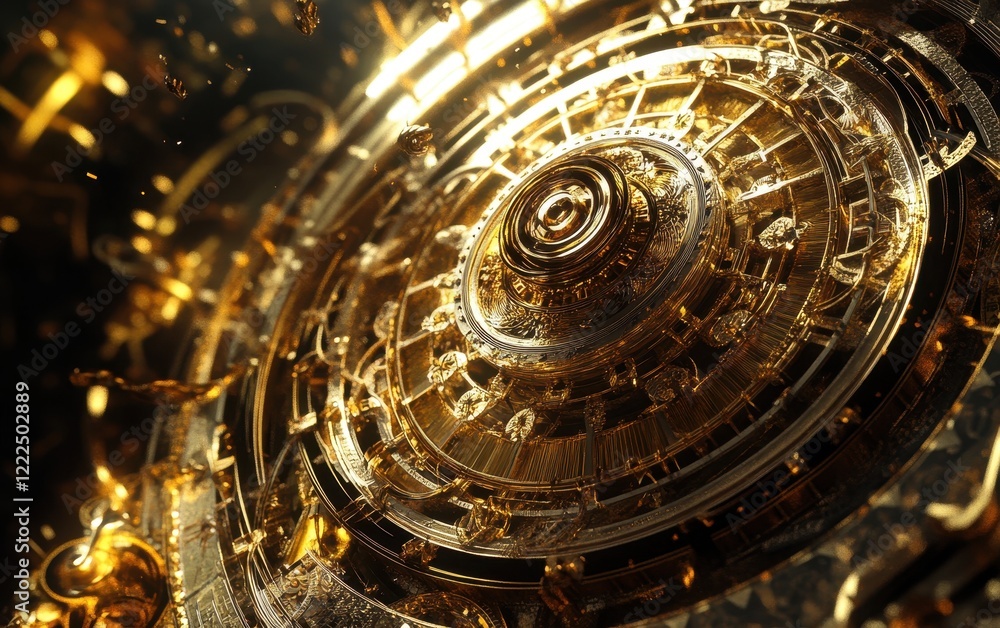 Aufkleber intricate golden clockwork mechanism with bokeh lighting abstract.