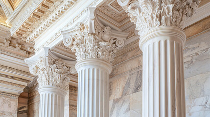 Fototapeta premium Ancient roman columns, marble architecture decor. Vector realistic antique greek white pillars with capitals in doric, corinthian, ionic and tuscan style isolated on transparent background