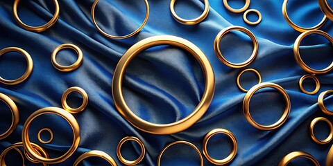 Golden Circles on Dark Blue Fabric - Abstract Art