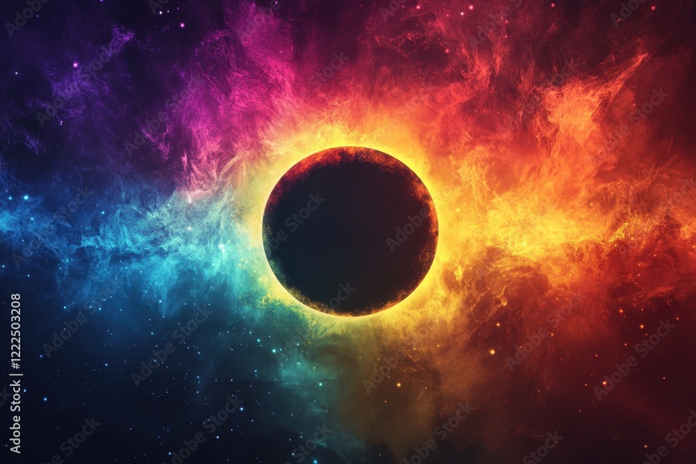 Poster dark planet eclipse with colorful nebulae in deep space.