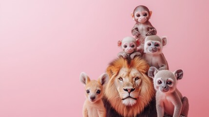 Obraz premium A fun and playful image of animals posing in a pyramid formation for a photoshoot