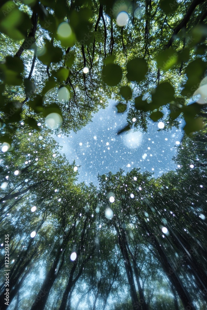 Poster low angle view of forest canopy with raindrops, looking up through trees with bokeh effect.