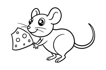 A cartoon line art drawing of a tiny mouse holding a giant piece of cheese.eps