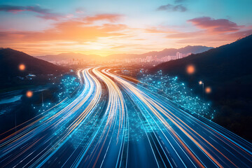 Obraz premium Futuristic Highway with Digital Data Streams and Cityscape at Sunset