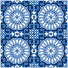 Portuguese Azulejo tile seamless vector pattern, retro design with flowers and geometric shapes in navy blue and white
