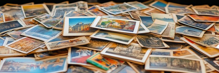 Fototapeta premium Pile Of Vintage Postcards, Travel Memories From Around The World, Reminiscing Old Times