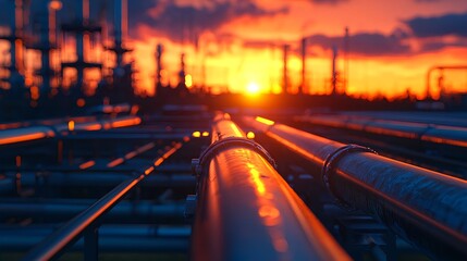 Industrial Landscape with Pipes at Sunset in Gas Refinery Environment