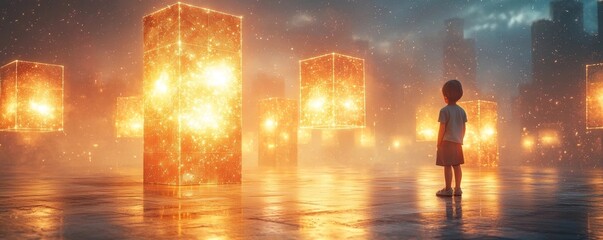 Glowing Books of Innovation Illuminate Children s Future in a Vibrant City Plaza