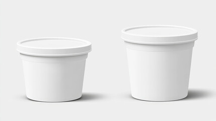 Ice cream package, white plastic container. 3d mockup of blank bucket with lid for yogurt, dairy products, butter or gelato. Round food jar with cap in front and top view, vector realistic set