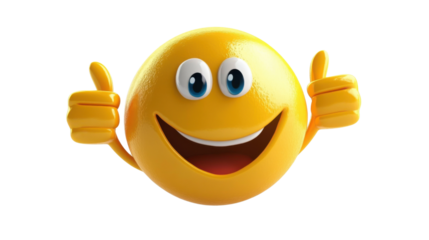 Yellow happy emoji emoticon , showing thumb up, like gesture on transparent background 