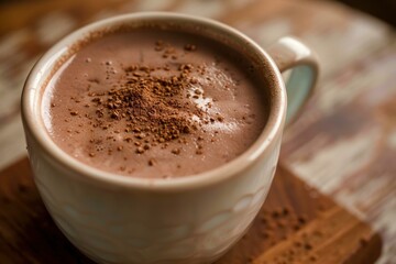 Obraz premium Steaming mug of hot chocolate topped with cocoa powder, creating a comforting winter beverage