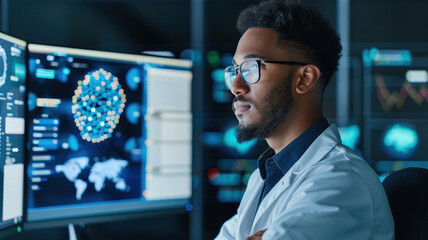 data scientist in lab coat analyzes complex patterns on multiple computer screens, focusing on machine learning and artificial intelligence models in high tech environment