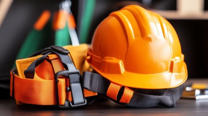 Safety gear including an orange hard hat and harness on a workbench in a construction setting