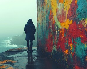 Obraz premium Solitary Figure Leaning Against Graffitied Wall in Moody Urban Setting