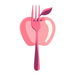 Pink apple impaled by fork, healthy eating, flat design