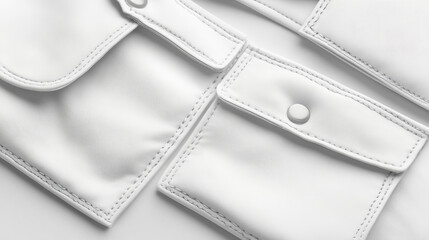 Realistic set of white pocket templates isolated on transparent background. Vector illustration of cloth or leather patches with buttons and stitches. Design elements for clothes, bags, jeans fashion