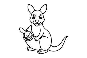 A cartoon line art drawing of a joyful kangaroo with a baby joey peeking out from its pouch.eps