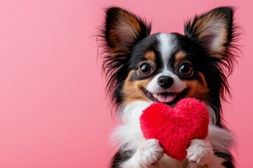 Ad layout. Cute papillon pup with fluffy red heart - emblem of love, funny greeting card. Papillon - my preferred dog. Valentine's day pet accessories. Valentine's day animals. Dog and heart.