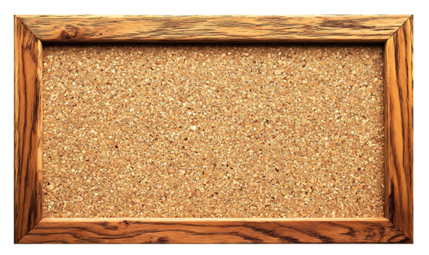 Rectangular Cork Bulletin Board With Wooden Frame on transparent background.
