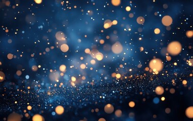 Abstract Deep Blue Background with Golden Bokeh Lights and Sparkling Glitter.